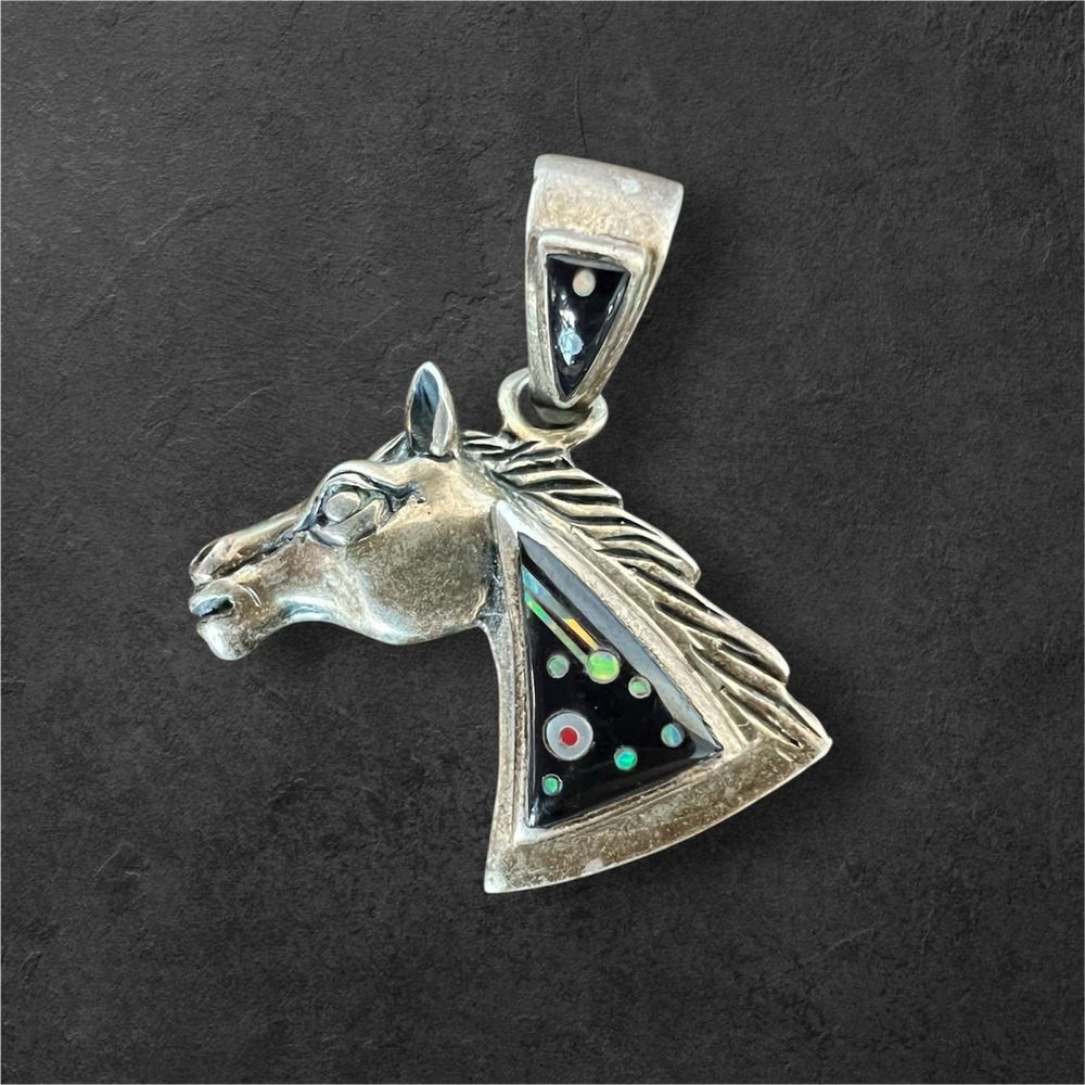 Sterling Silver Horse Head Pendant Intricate Black Onyx and Opal Inlay